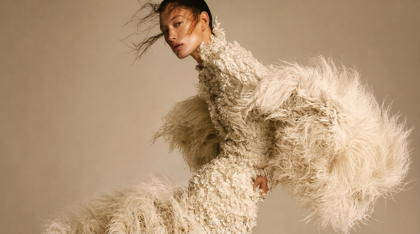 Model in a feathered ivory couture gown against a warm sand backdrop