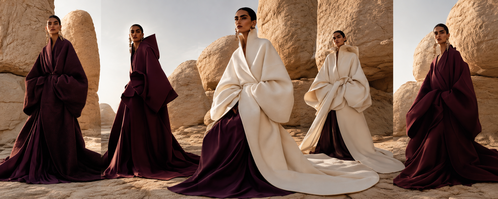 Editorial desert tableau in sweeping plum and ivory couture against sun-bleached stone