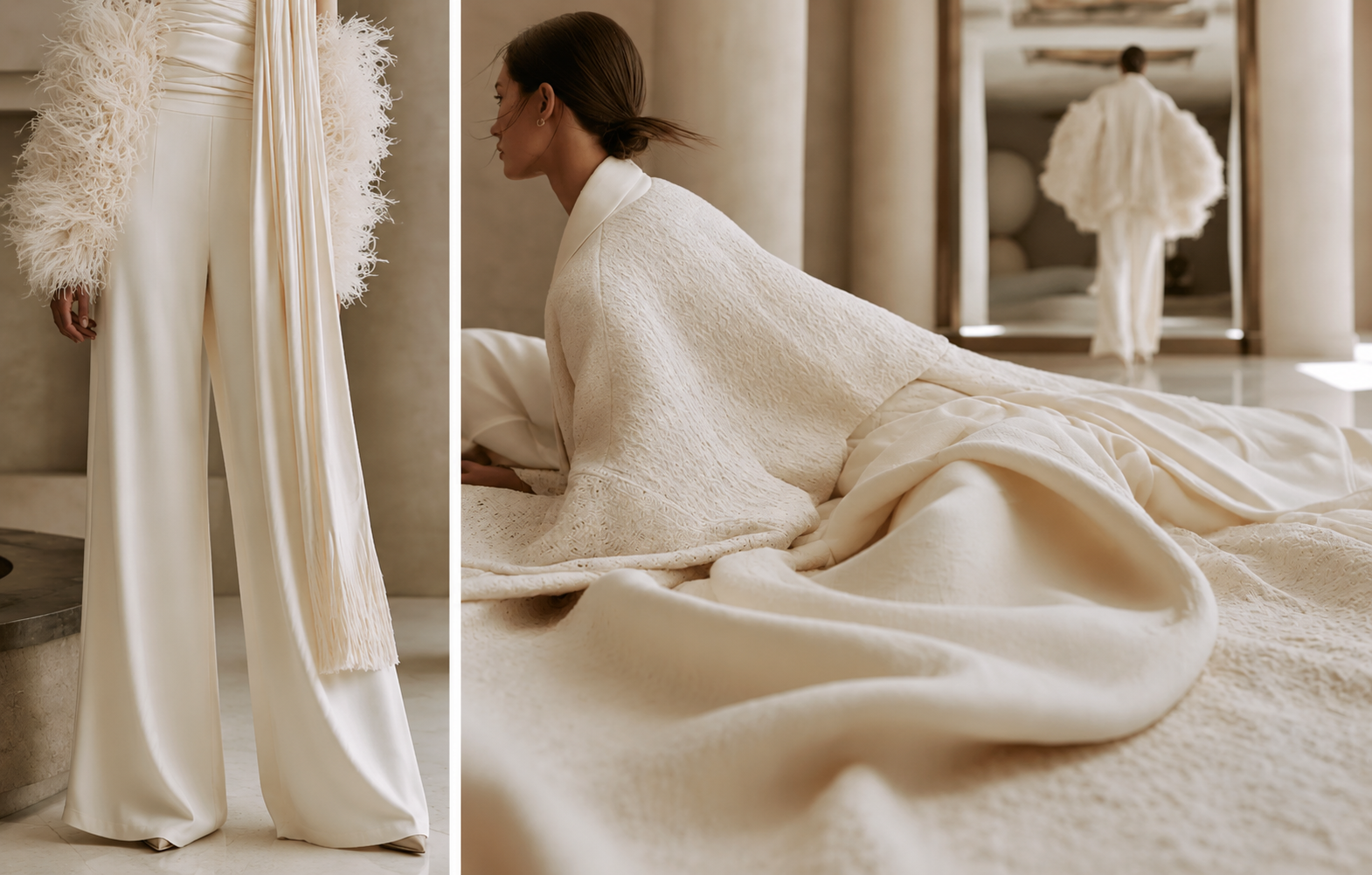 Ivory couture diptych, fringed gown and draped cashmere in a travertine salon