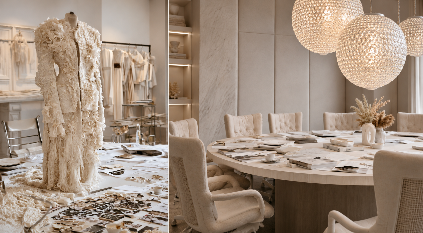 An atelier diptych: a hand-worked ivory couture coat beside a softly lit boardroom table