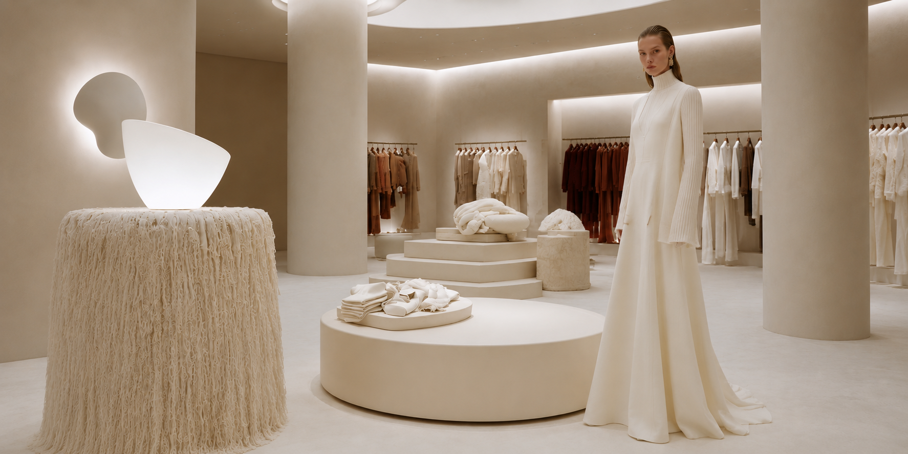 Minimal ivory flagship boutique with sculptural plinths, soft cove lighting and a model in white couture