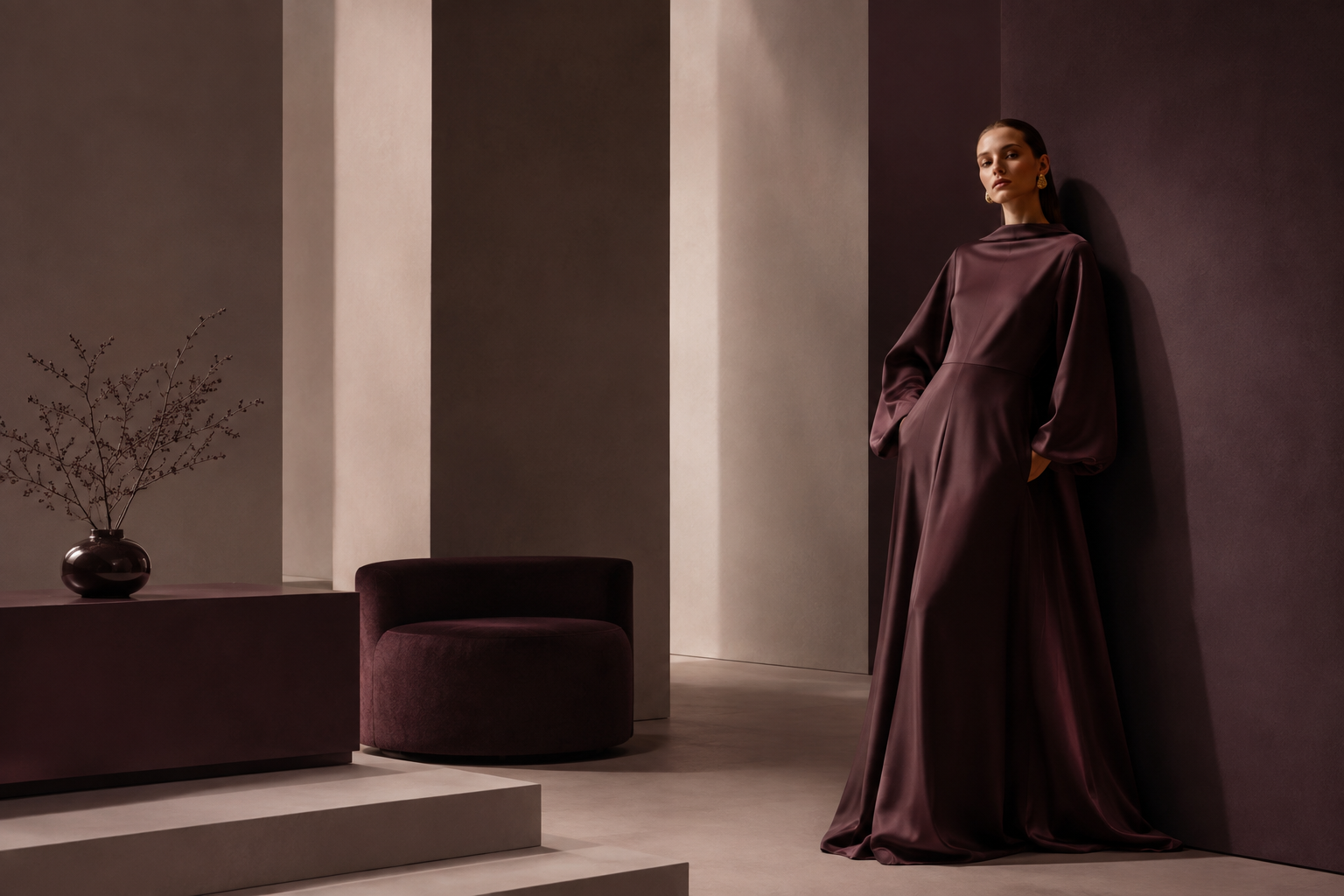 Model in a deep plum satin gown against ivory and plum architectural forms