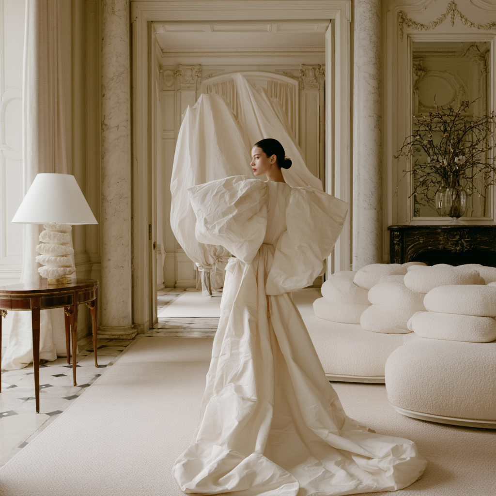 Model in sculptural ivory couture standing in a pale salon