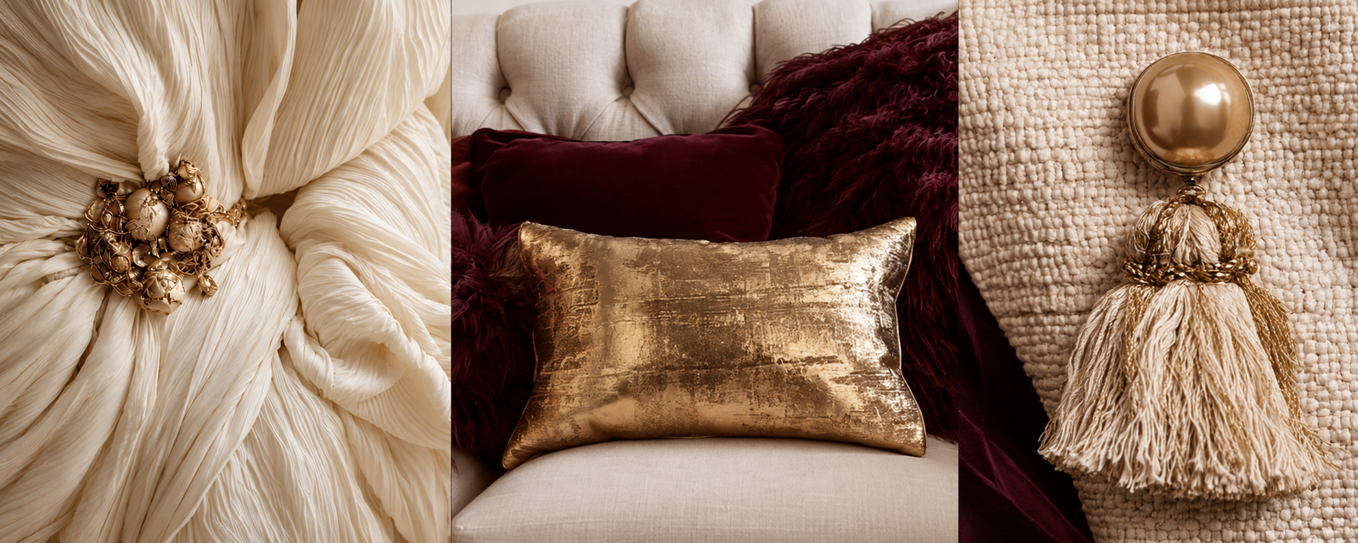 Triptych of ivory couture fabric with ornate gold jewellery, a gilded pillow on plum velvet, and an ivory tassel against woven texture