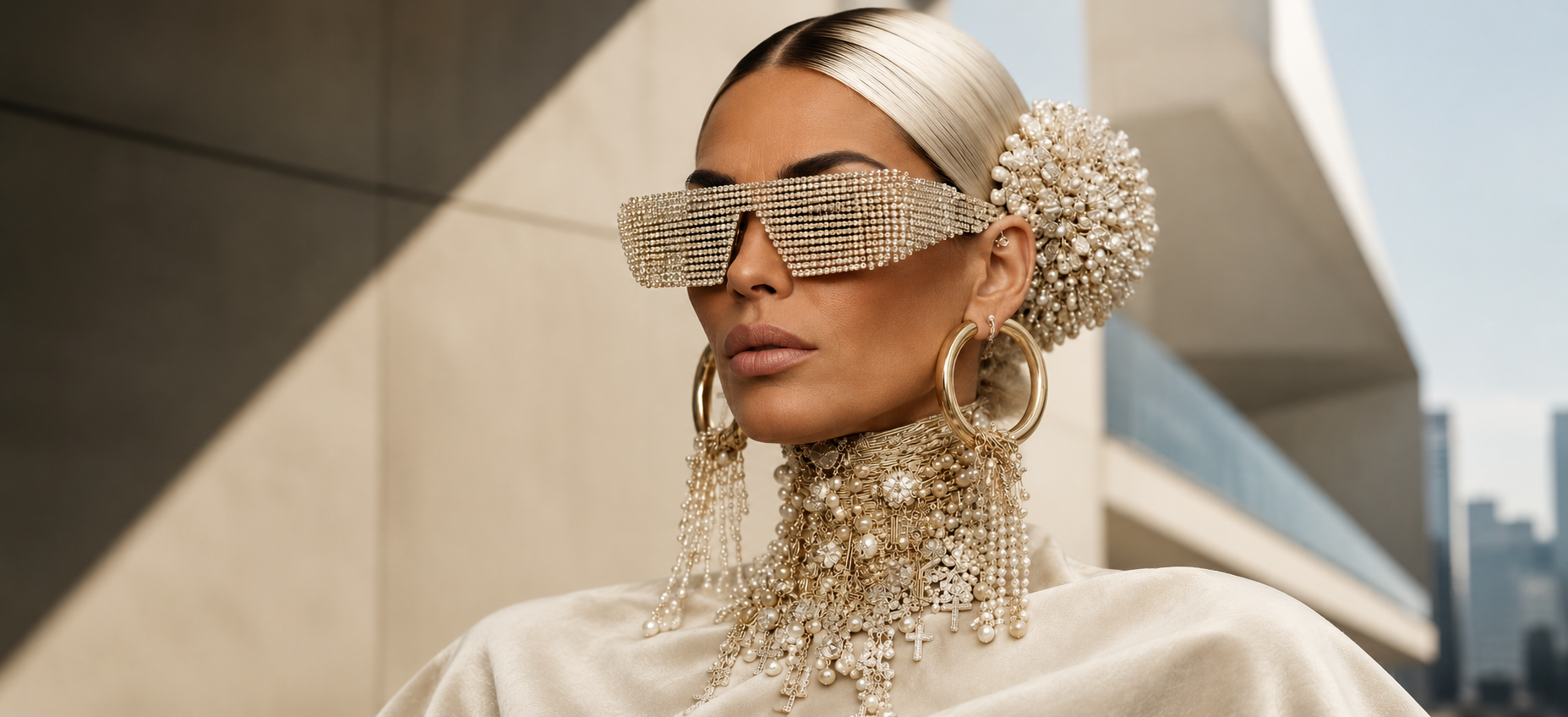 Editorial portrait in gold and pearl couture against pale architecture