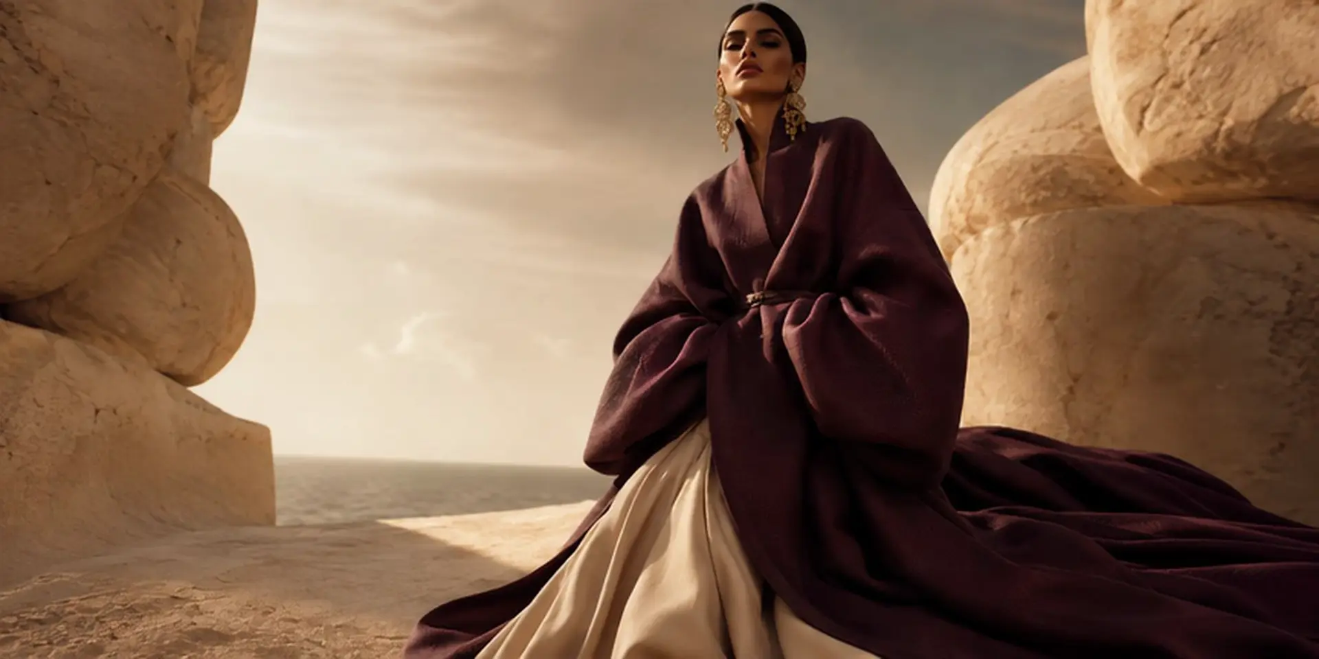 Editorial fashion portrait in a deep plum couture cloak among sunlit stone forms