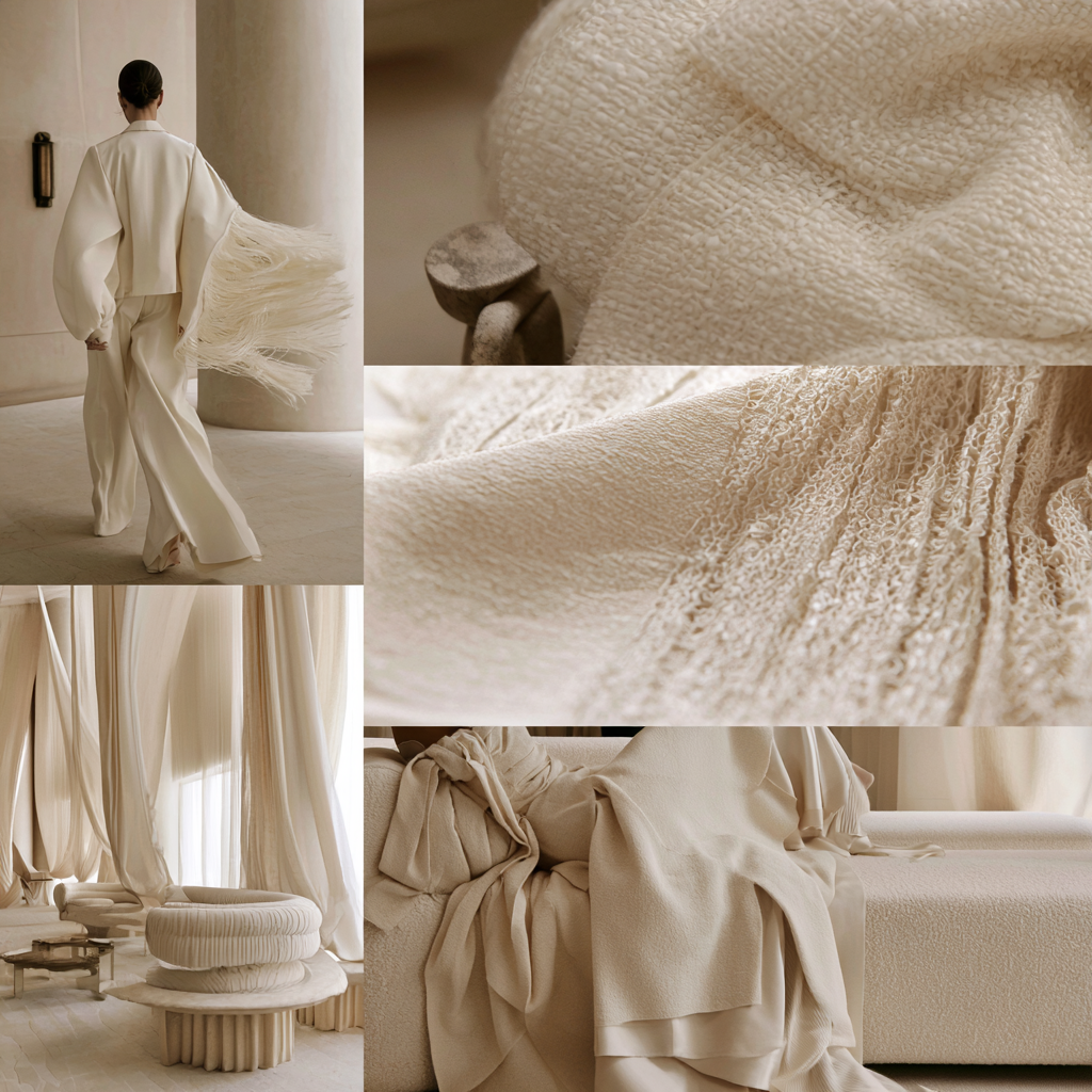 Studies in ivory cloth, bouclé, gauze and raw silk in soft daylight