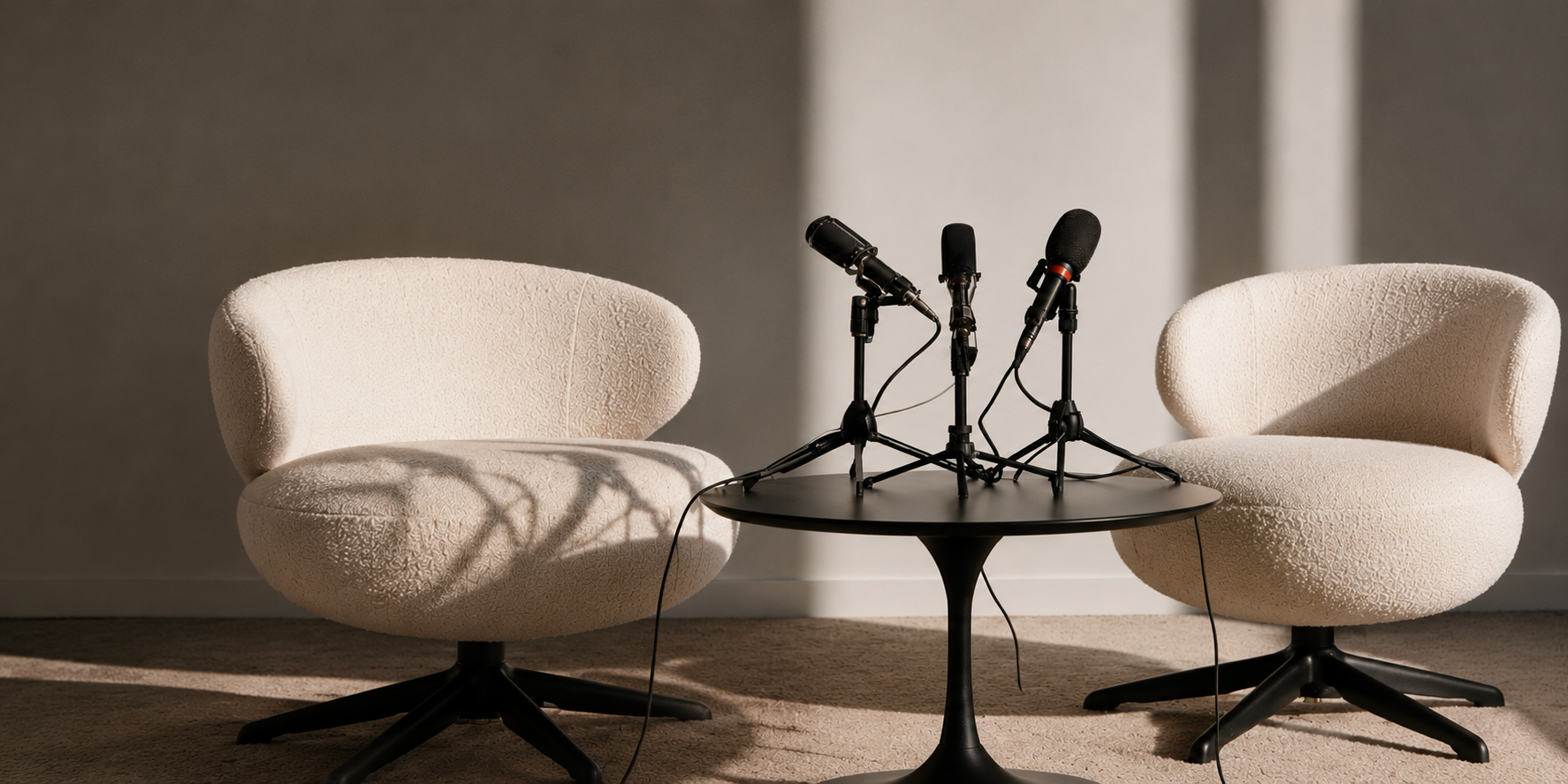 Two ivory bouclé chairs facing microphones in a sunlit interview room
