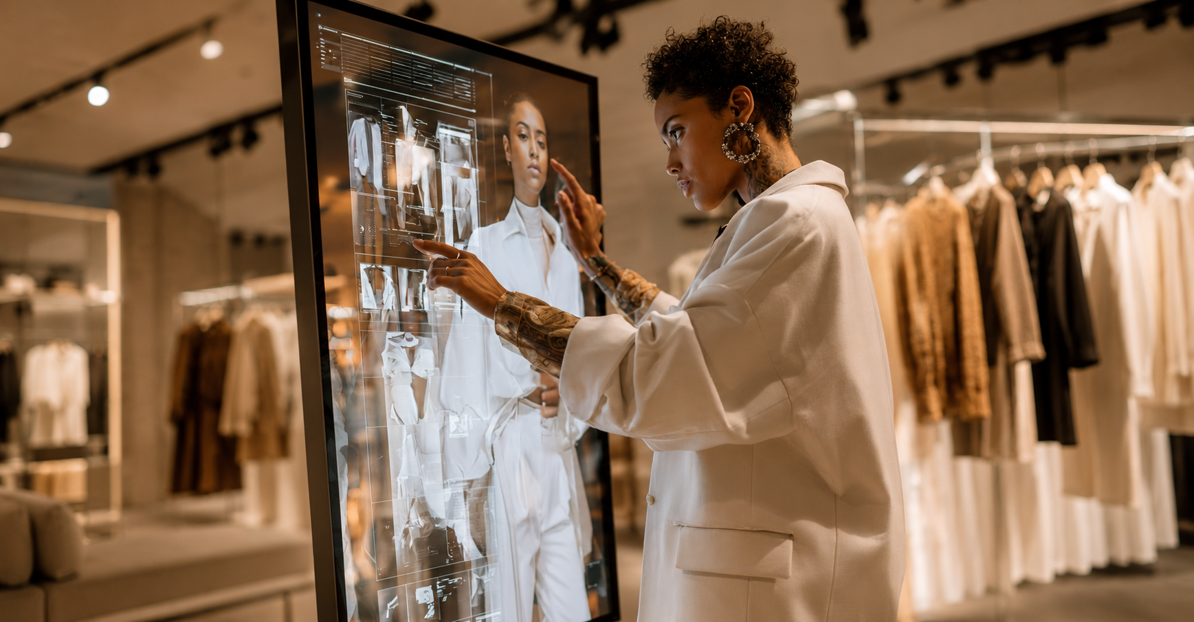 Shopper using a full-height digital screen inside a luxury boutique