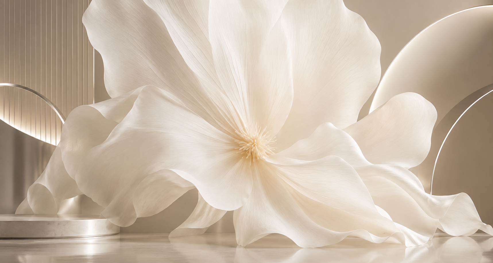 Oversized ivory silk bloom in a softly lit sculptural interior