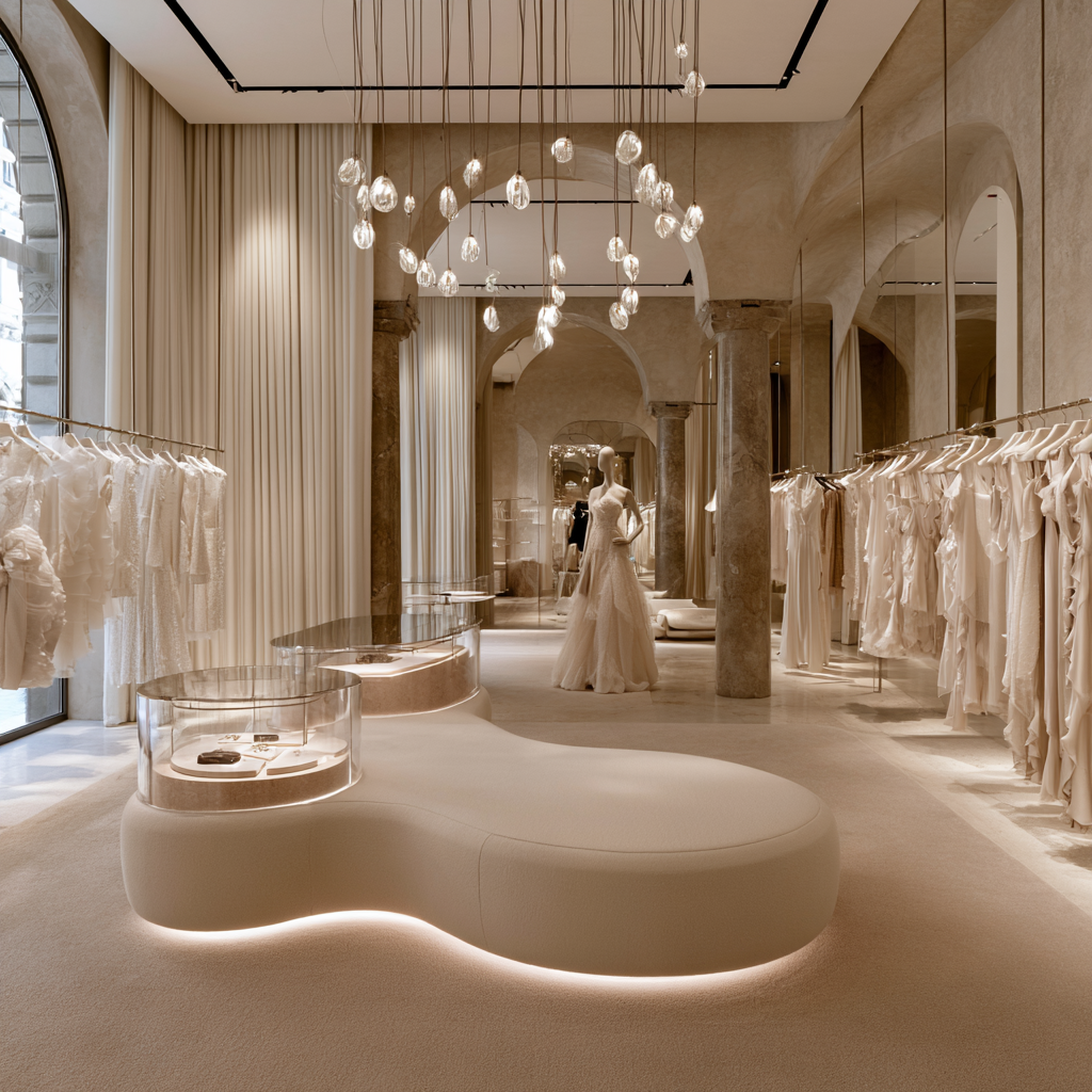 Minimalist ivory Italian Vogue shop interior