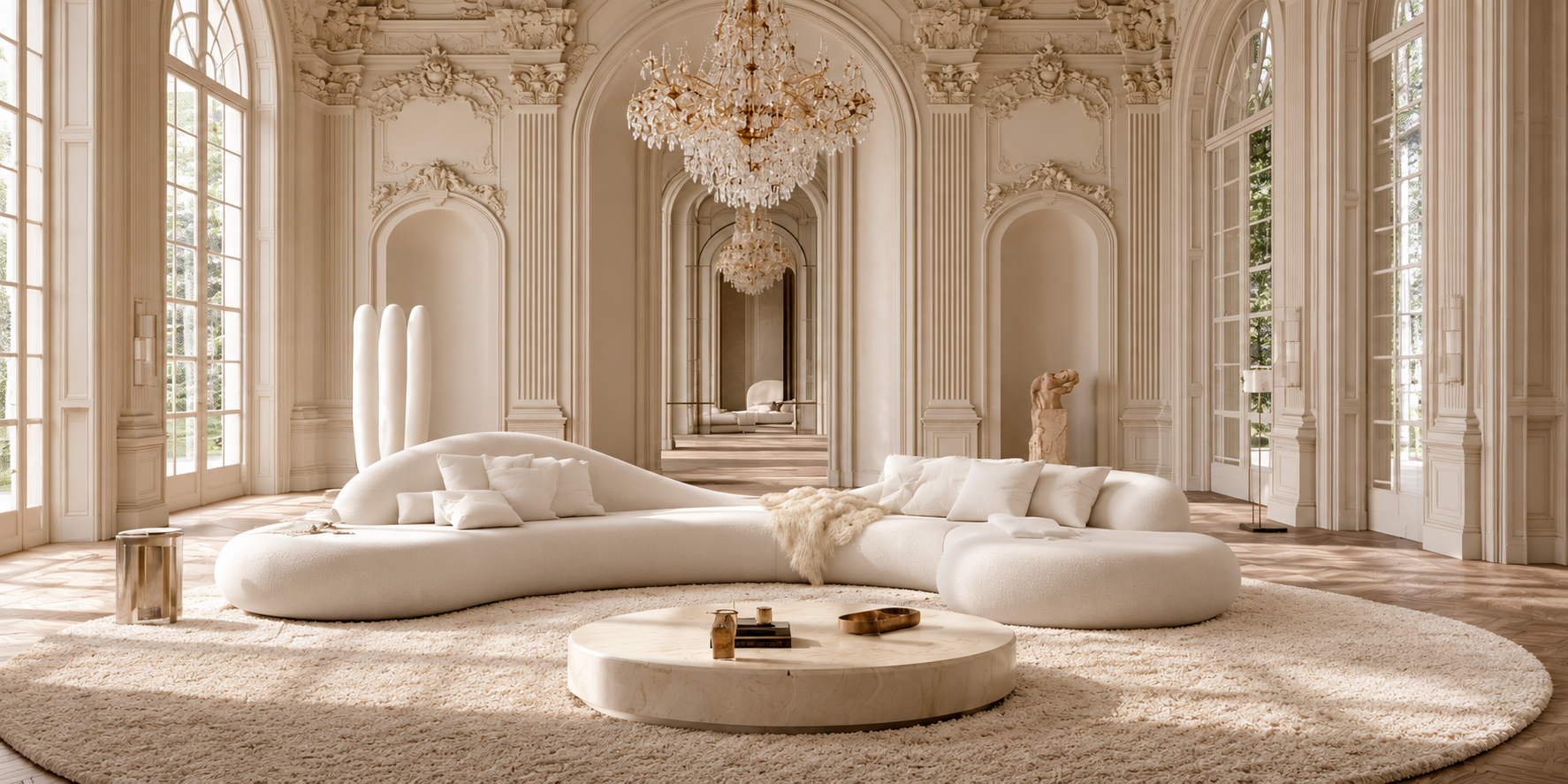 Ivory salon with sculptural seating and a crystal chandelier