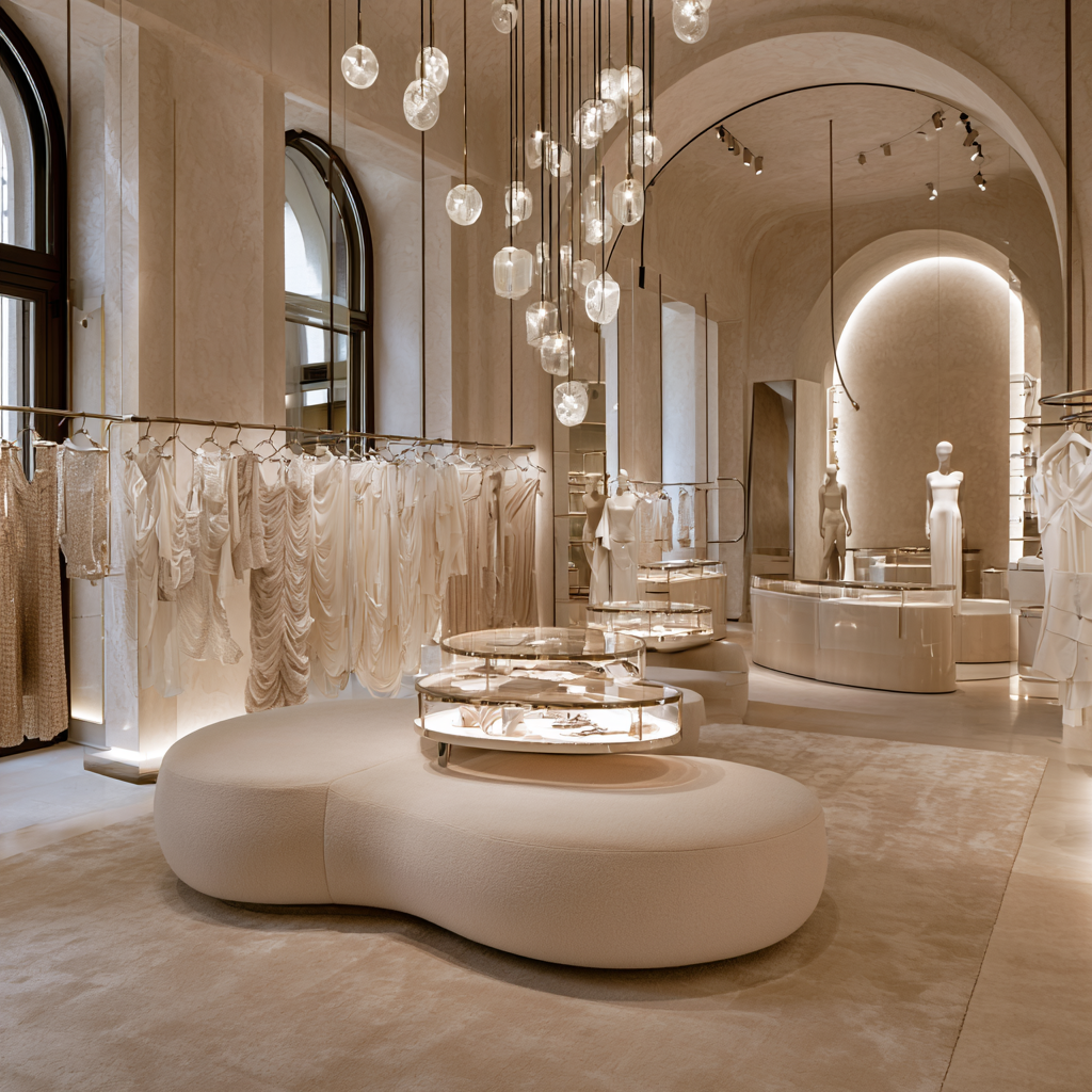 Ivory boutique interior with vaulted plaster ceiling and sculptural seating