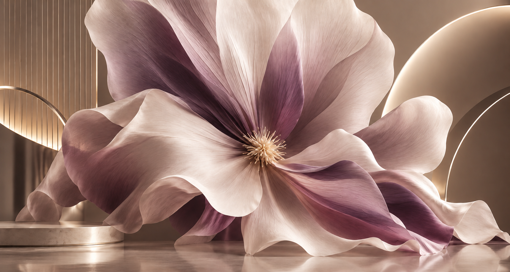Sculptural ivory and plum floral still life in an architectural interior